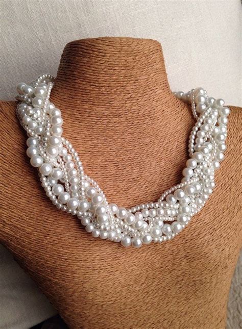 Chunky Glass Pearl Necklace Braided Pearl Necklace White Etsy