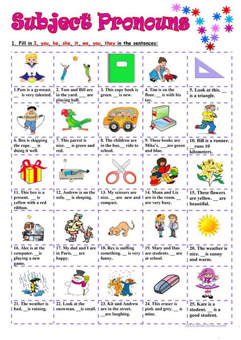 Come visit and explore the following printable worksheets to help children practice and improve their key skills. Subject Pronouns worksheet - Free ESL printable worksheets ...