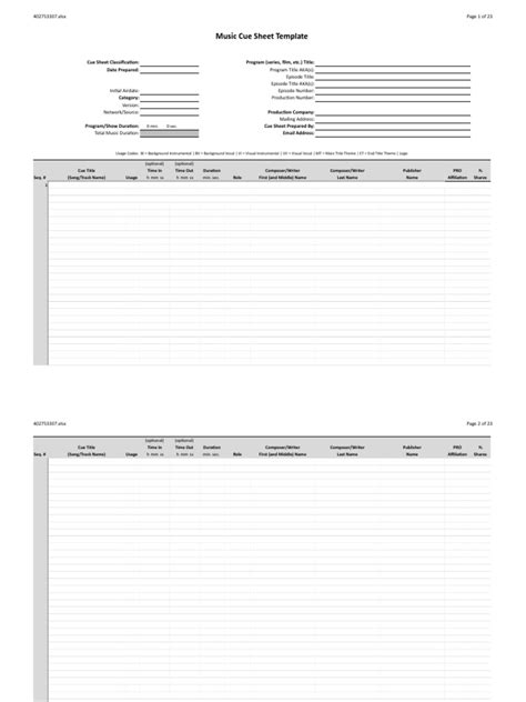 A cue sheet is a document used to track public performances of p.r.o registered music tracks, also called cues. Cue Sheet Template 2016V3-6-5 | Songs | Leisure