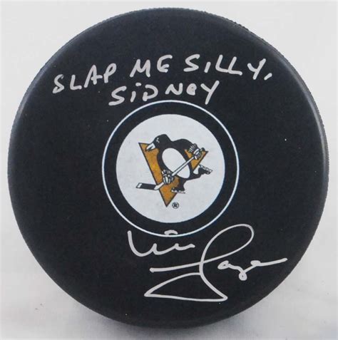 Mike Lange Signed Penguins Logo Hockey Puck Inscribed Slap Me Silly