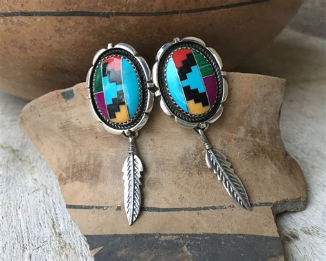 Sterling Silver Channel Inlay Turquoise Earrings With Feather Native