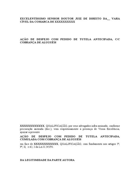 Ação De Despejo Petição Pdf Despejo Aluguel