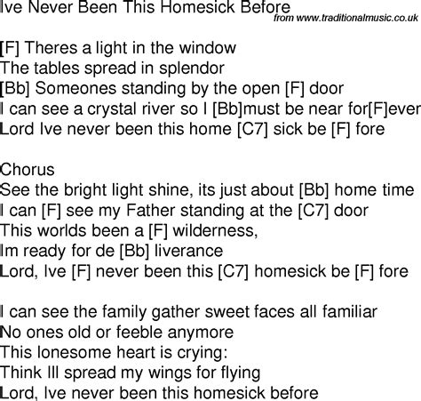 See the bright light shine f it's just about home time c g7 i can see my father standing by the door c this world has been a wilderness f i'm ready for deliverance c g7 c lord i've never been this homesick before. Old time song lyrics with guitar chords for I've Never ...