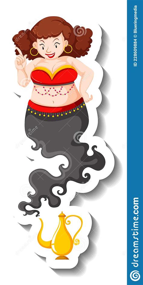 Genie Lady Coming Out Of Magic Lamp Cartoon Character Sticker Stock