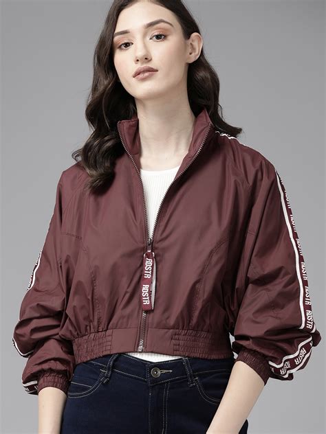 Buy The Roadster Lifestyle Co Women Maroon Printed Crop Bomber Jacket
