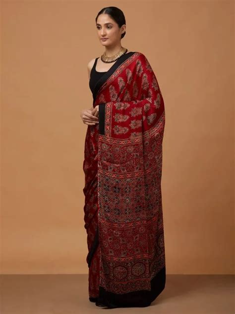 Red Ajrakh Hand Block Printed Modal Silk Saree With Images Block