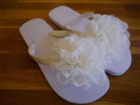 Wedding Beach Flip Flops Sandals White Hand Decorated With Satin