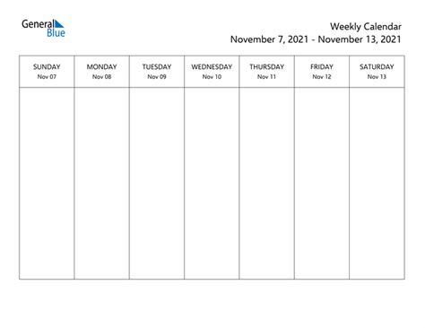 About the 2021 yearly calendar. Weekly Calendar - November 7, 2021 to November 13, 2021 - (PDF, Word, Excel)