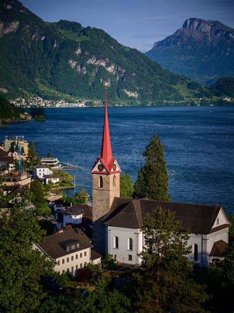 Beautiful Shot Of Saint Mary Church On The Shore Of Lake Lucerne In Weggis Switzerland Stock
