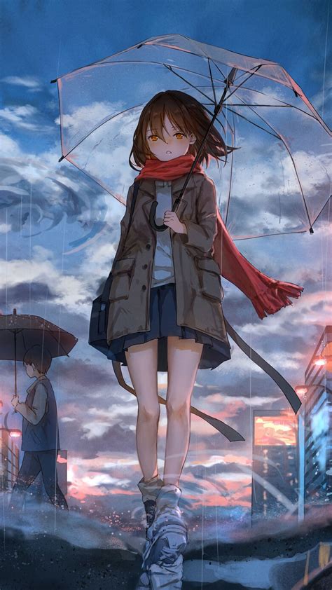 Download Wallpaper 1080x1920 Girl Umbrella Anime Rain Sadness