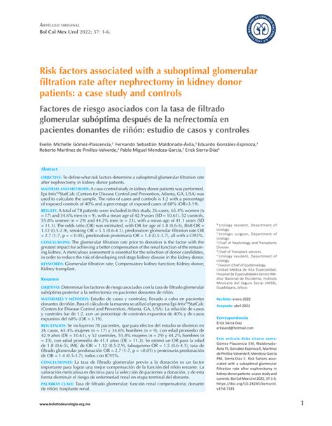 Pdf Risk Factors Associated With A Suboptimal Glomerular Filtration Rate After Nephrectomy In