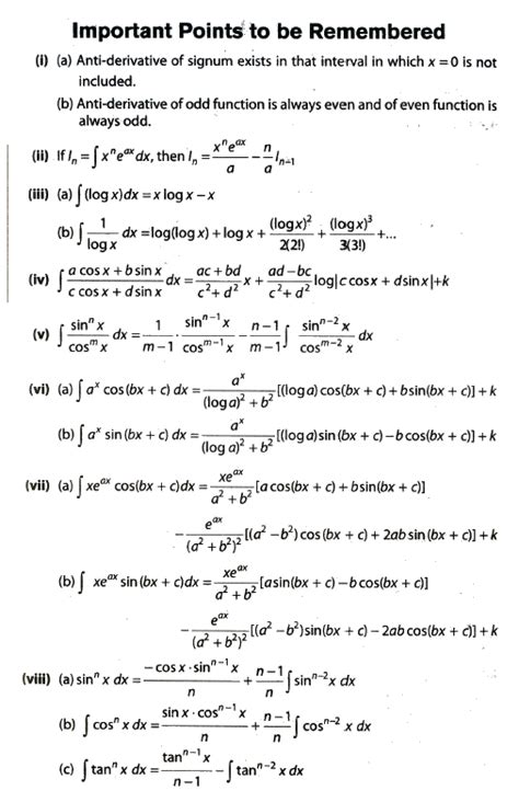 Integration Formulas For Class 12