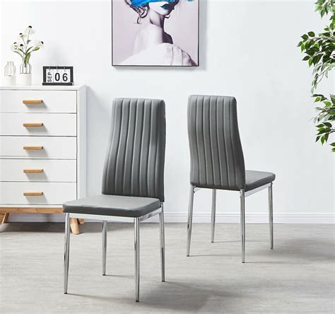 Dining Chairs Set Of 4 Grey Modern Faux Leather Chrome Metal Legs Home