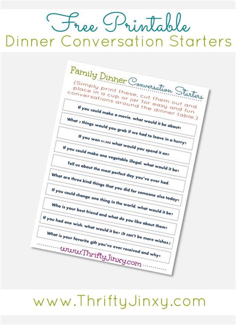 Here are two conversation starters to help break the ice at a family dinner, group meeting, or more. Effortless Meals and Family Dinner Conversation Starters ...