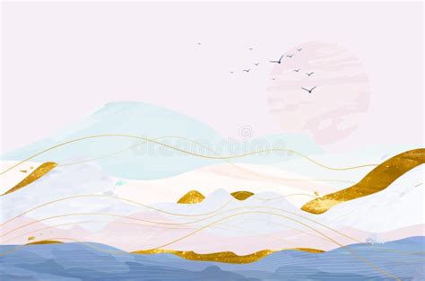Abstract Landscape With Sea Hills Sky Sun And Birds Stock Vector