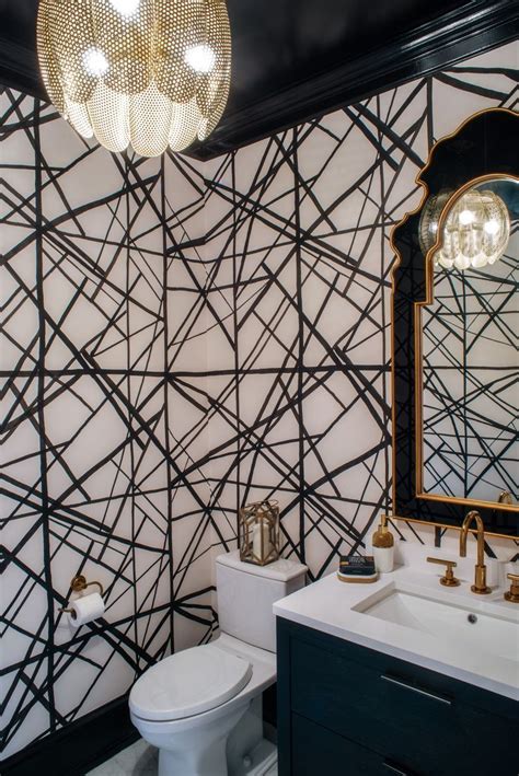 Black And White Powder Room With Bold Graphic Wallpaper Bathroom Renos