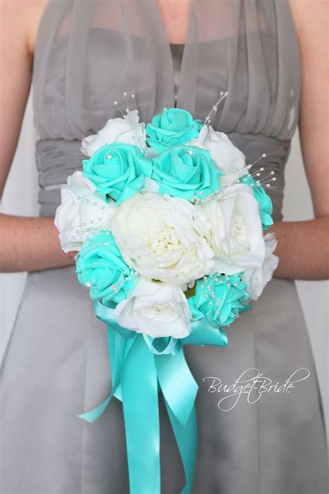 Turquoise teal white rose calla lily. White and Spa Teal wedding flower brides bouquet, tiffany ...