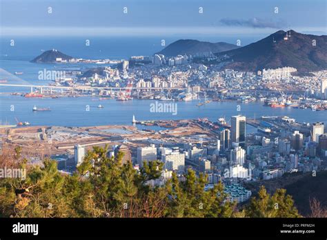 Busan City South Korea Aerial View With Coastal Buildings And Ships