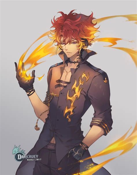 An Anime Character With Red Hair And Flames On His Arm Wearing Black
