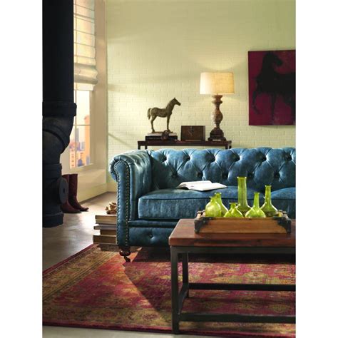Sofa puff unit in grey jeans fabric. Home Decorators Collection Gordon Blue Leather Sofa ...