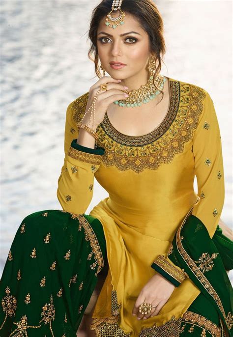 Drashti Dhami Yellow Green Satin Georgette Embroidered Sharara Style Suit 3608 Sleeves Designs