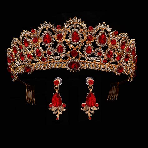 Red Queen Crown Crystal Bridal Tiaras Bride Crown And Earrings Baroque