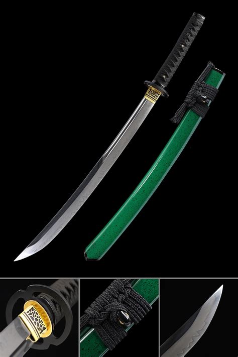 Green Wakizashi Short Katana Handmade Wakizashi Sword T10 Folded