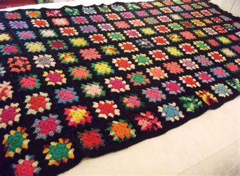 Vtg Crocheted 4 Fringed Afghan Granny Squares Black Multi Color