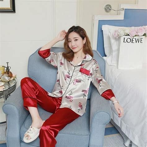 Women Pajamas Faux Silk Sleepwear Satin Pajamas Set Flower Print Long