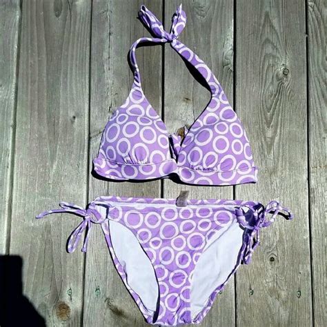 👙victoria Secret Purple White Polka Dot Swimsuit Polka Dot Swimsuits
