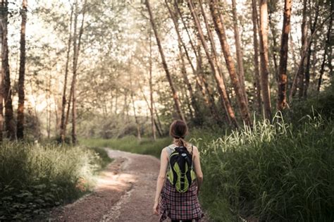 Free Photo Rear Vie Of Woman Walking On The Dirt Road In The Forest