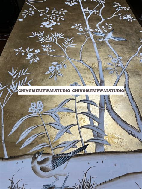 Chinoiserie Panel Hand Painted Wallpapers On Gold Metallic Etsy