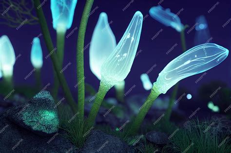 Premium Ai Image Bioluminescence Plants Glowing In The Forest 3d