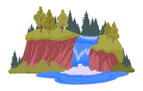 Premium Vector Wild River Waterfall Cartoon Forest View With