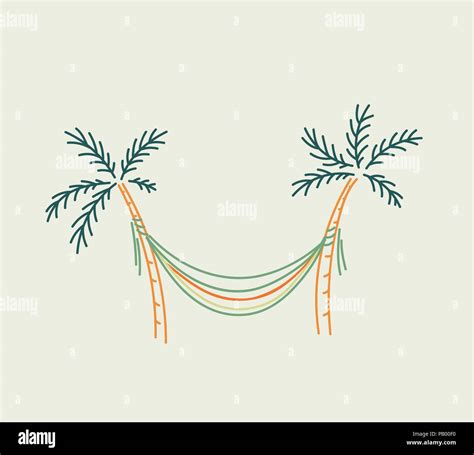 Hammock Hung Between Two Palms Sketch In Linear Style In Muted Pastel