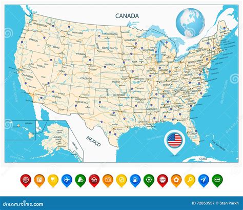 Highly Detailed Road Map Of United States And Colorful Map Point Stock