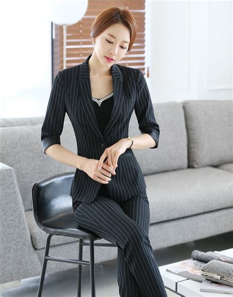 summer formal black striped blazer for women pant suits formal office suits work wear uniforms
