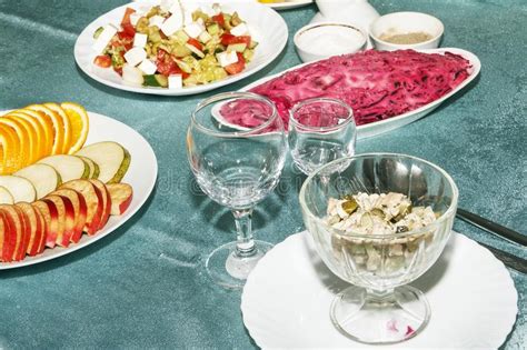 Banquet Table With Cold Snack In Restaurant For Reception Sliced Fresh