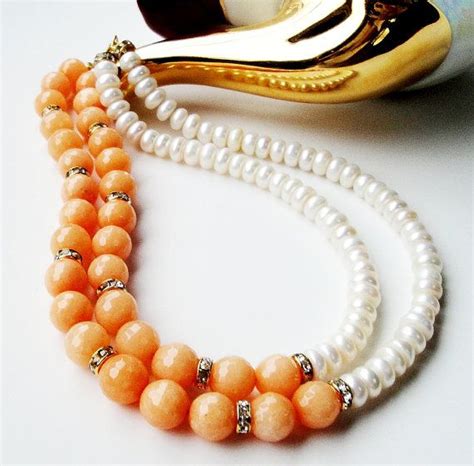 Orange Jade White Pearl Necklace Layered Asymmetric By Bijijewelry