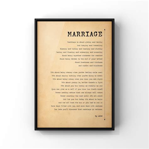 Marriage Love Poetry By Anonymous Poster Print Funny Wedding Etsy Uk