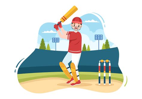 Batsman Playing Cricket Sports With Ball And Stick In Flat Cartoon