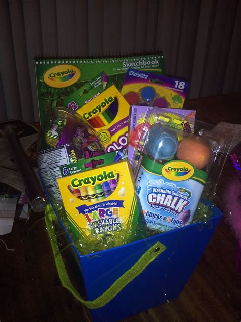 It says you put a lot of thought into the gift but the items can add up and become costly. Crayola Themed gift basket | Kids gift baskets, Auction ...
