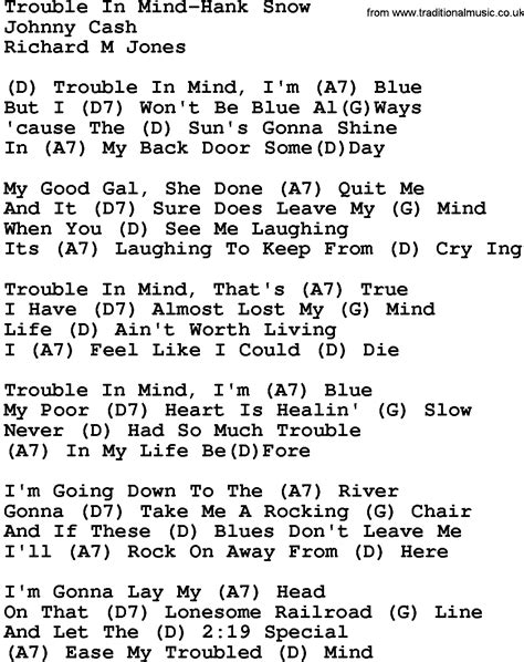 Country Musictrouble In Mind Hank Snow Lyrics And Chords