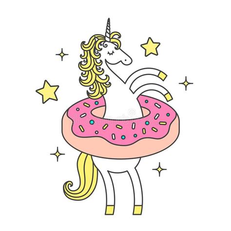 Vector Illustration Of Funny Unicorn In Donut Cartoon Style Cute