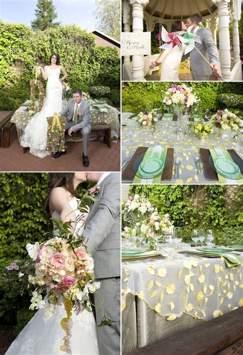 Whimsical Garden Wedding Green Yellow Romantic Flowers Bride Groom Kissing Booth