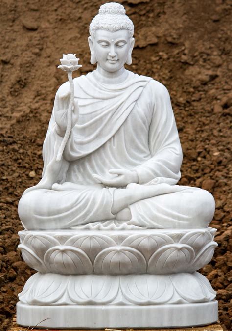 Sold Marble Padmasana Buddha Statue Holding Lotus Flower Hand Carved