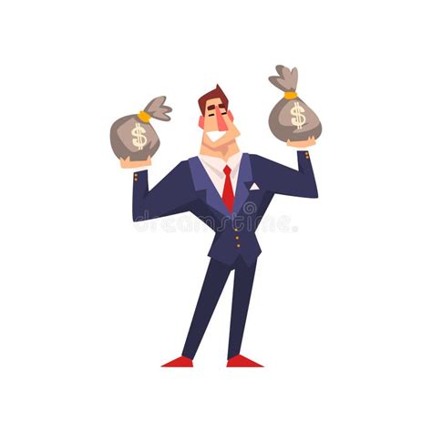 Rich Successful Businessman Character With Money Bags Cartoon Vector