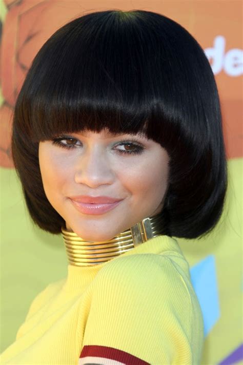 Zendaya Straight Black Bob Curved Bangs Hairstyle Steal Her Style
