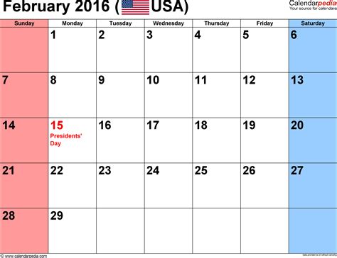 February 2016 Calendar Templates For Word Excel And Pdf