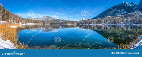 Scenic Winter Landscape In Bavarian Alps With Idyllic Mountain Lake
